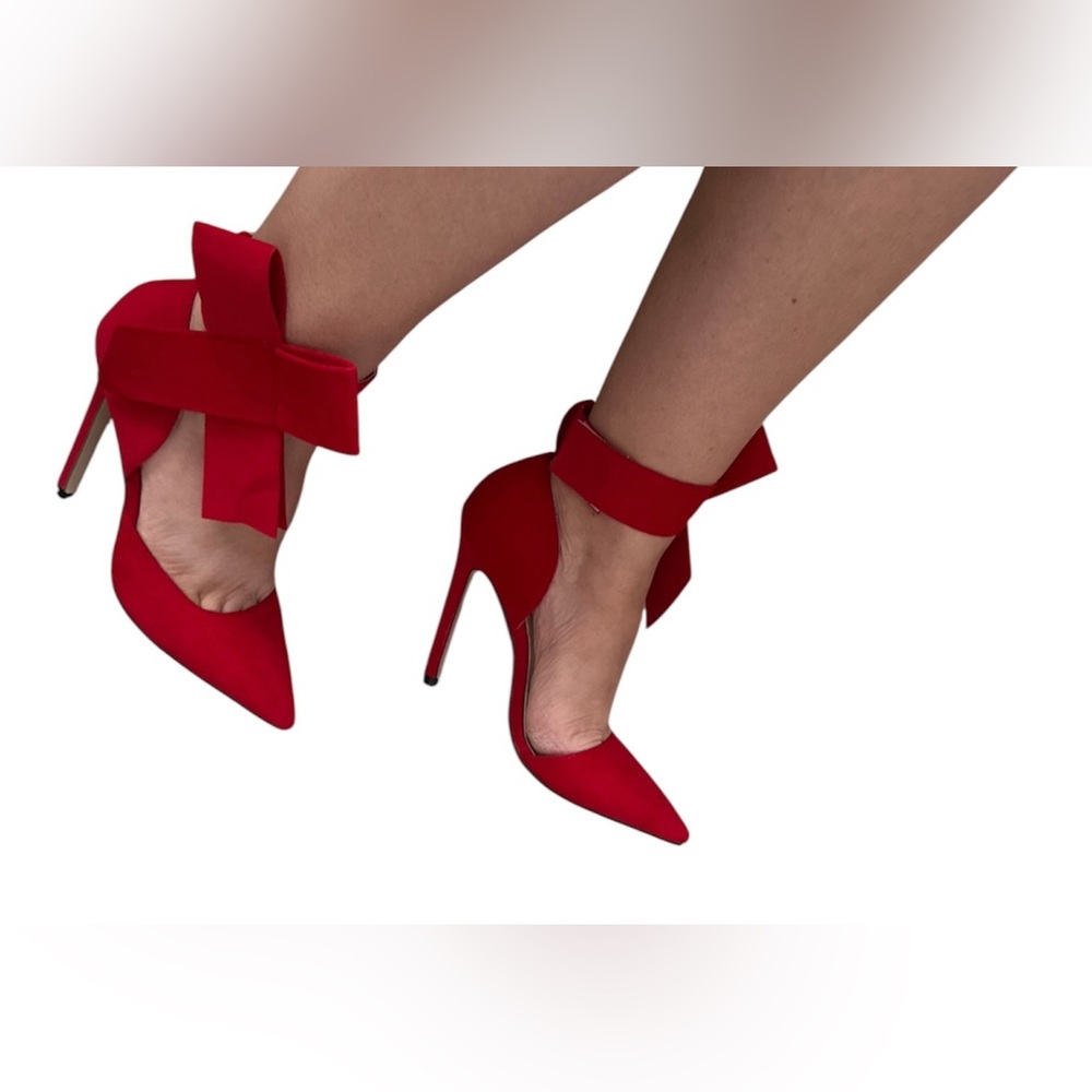 Red Pointed-Toe Ankle Bow High Heels - Women size 37/ 7